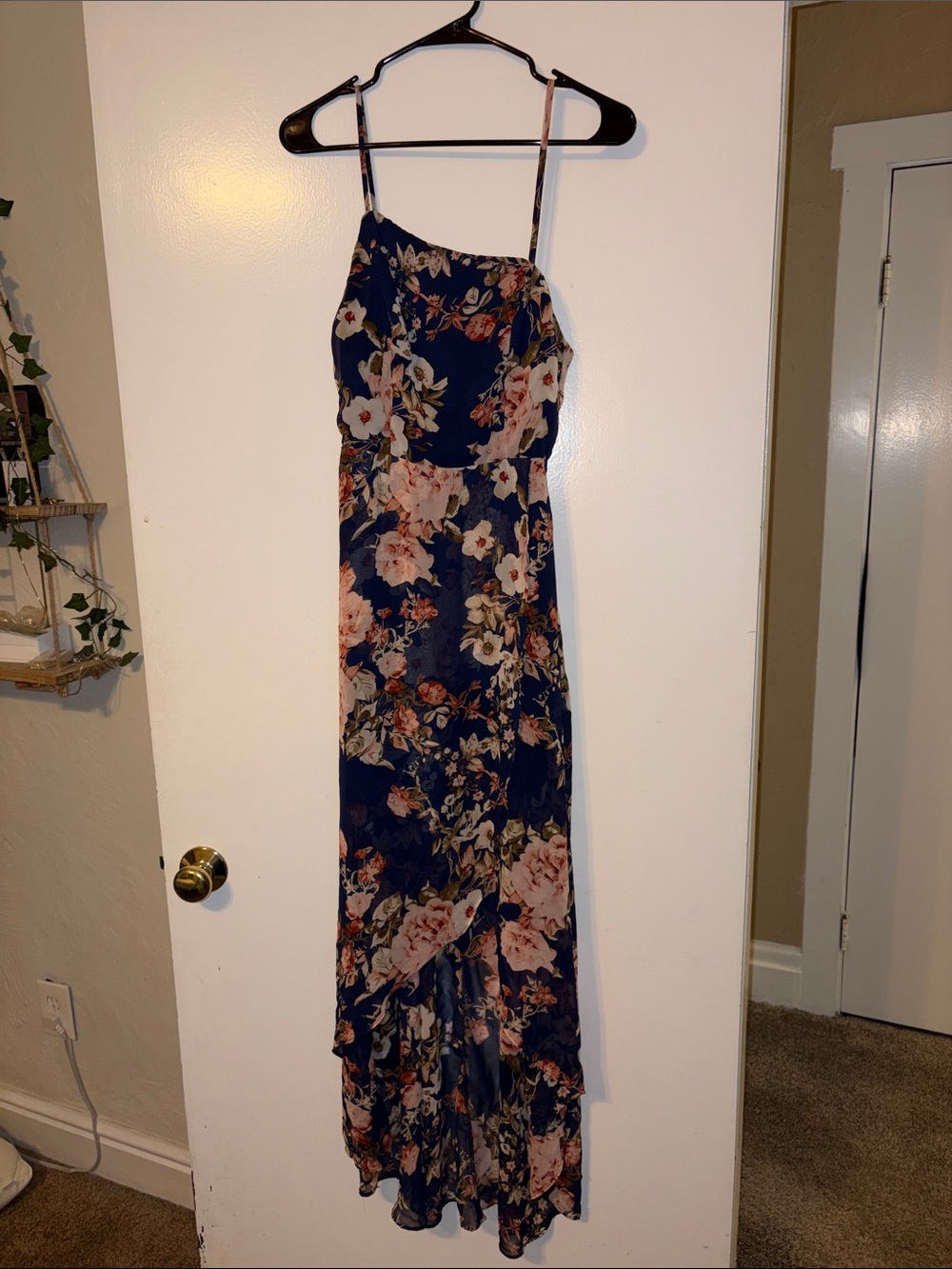Floral Navy Hi-Low Dress with Spaghetti Straps